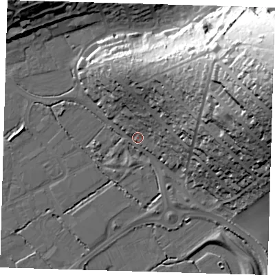 Shaded relief map of the ground around BN90PN, computed from Environment Agency LiDAR. The ground here sits at about 4 m above sea level and falls 60 m across the surrounding 800 m. Surface water reaching this point runs off ground lying to the east-north-east, 57.2 m higher.