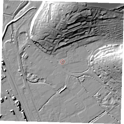 Shaded relief map of the ground around BN90PP, computed from Environment Agency LiDAR. The ground here sits at about 3 m above sea level and falls 33 m across the surrounding 800 m. Surface water reaching this point runs off ground lying to the north, 32.9 m higher.