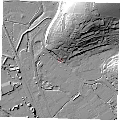 Shaded relief map of the ground around BN90PR, computed from Environment Agency LiDAR. The ground here sits at about 5 m above sea level and falls 38 m across the surrounding 800 m. Surface water reaching this point runs off ground lying to the north-north-east, 30.6 m higher.