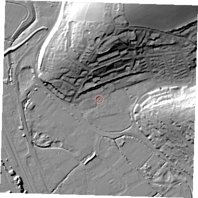 Shaded relief map of the ground around BN90PS, computed from Environment Agency LiDAR. The ground here sits at about 2 m above sea level and falls 34 m across the surrounding 800 m. Surface water reaching this point runs off ground lying to the north, 15.1 m higher.
