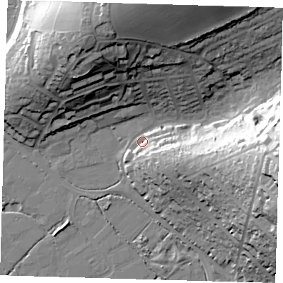 Shaded relief map of the ground around BN90PX, computed from Environment Agency LiDAR. The ground here sits at about 3 m above sea level and falls 41 m across the surrounding 800 m. Surface water reaching this point runs off ground lying to the east, 40.7 m higher.