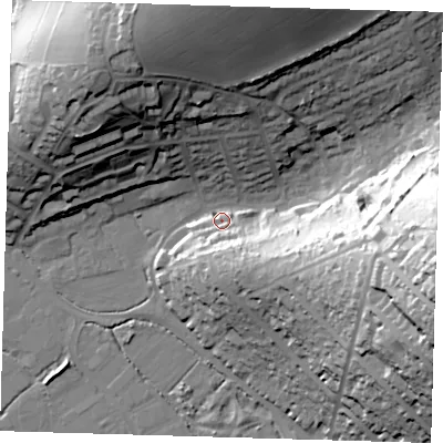 Shaded relief map of the ground around BN90PY, computed from Environment Agency LiDAR. The ground here sits at about 5 m above sea level and falls 52 m across the surrounding 800 m. Surface water reaching this point runs off ground lying to the east, 50.9 m higher.