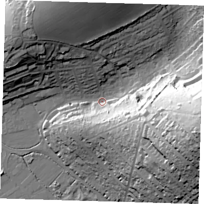 Shaded relief map of the ground around BN90QB, computed from Environment Agency LiDAR. The ground here sits at about 3 m above sea level and falls 67 m across the surrounding 800 m. Surface water reaching this point runs off ground lying to the east-south-east, 65.2 m higher.