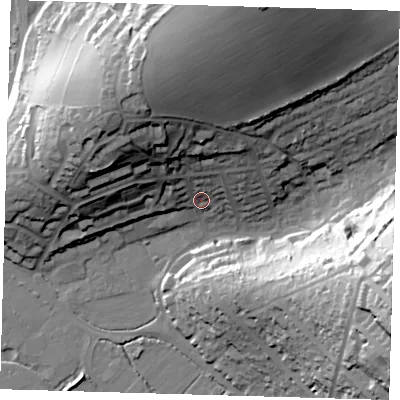 Shaded relief map of the ground around BN90QH, computed from Environment Agency LiDAR. The ground here sits at about 7 m above sea level and falls 44 m across the surrounding 800 m. Surface water reaching this point runs off ground lying to the north, 38.5 m higher.