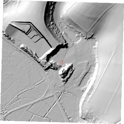 Shaded relief map of the ground around BN90TP, computed from Environment Agency LiDAR. The ground here sits at about 4 m above sea level and falls 48 m across the surrounding 800 m. Surface water reaching this point runs off ground lying to the north-west, 29.8 m higher.
