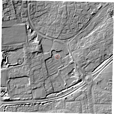 Shaded relief map of the ground around BN993HH, computed from Environment Agency LiDAR. The ground here sits at about 9 m above sea level and falls 11 m across the surrounding 800 m. Surface water reaching this point runs off ground lying to the north-north-west, 0.6 m higher.