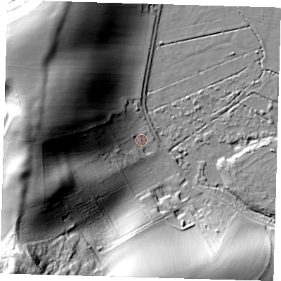 Shaded relief map of the ground around BN99AD, computed from Environment Agency LiDAR. The ground here sits at about 7 m above sea level and falls 79 m across the surrounding 800 m. Surface water reaching this point runs off ground lying to the west-south-west, 57.4 m higher.