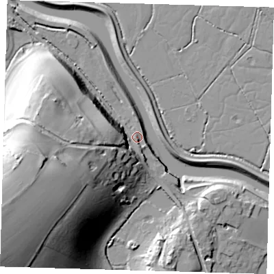 Shaded relief map of the ground around BN99AH, computed from Environment Agency LiDAR. The ground here sits at about 5 m above sea level and falls 57 m across the surrounding 800 m. Surface water reaching this point runs off ground lying to the west-south-west, 48.1 m higher.