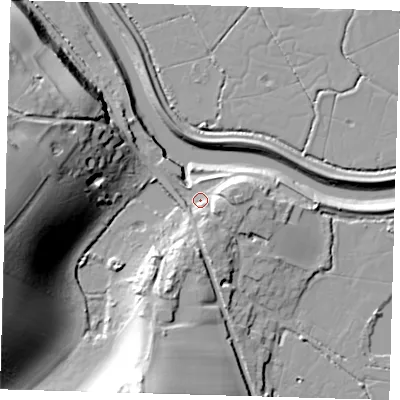 Shaded relief map of the ground around BN99AN, computed from Environment Agency LiDAR. The ground here sits at about 5 m above sea level and falls 43 m across the surrounding 800 m. Surface water reaching this point runs off ground lying to the south-south-east, 6.5 m higher.
