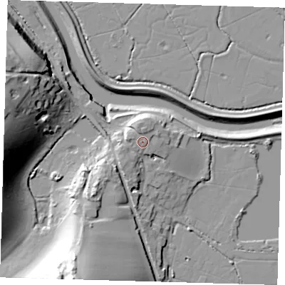 Shaded relief map of the ground around BN99AP, computed from Environment Agency LiDAR. The ground here sits at about 9 m above sea level and falls 36 m across the surrounding 800 m. Surface water reaching this point runs off ground lying to the north-north-west, 2.3 m higher.