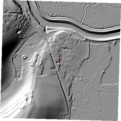 Shaded relief map of the ground around BN99AT, computed from Environment Agency LiDAR. The ground here sits at about 6 m above sea level and falls 50 m across the surrounding 800 m. Surface water reaching this point runs off ground lying to the west-north-west, 4.8 m higher.