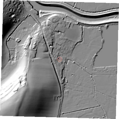 Shaded relief map of the ground around BN99AU, computed from Environment Agency LiDAR. The ground here sits at about 4 m above sea level and falls 58 m across the surrounding 800 m. Surface water reaching this point runs off ground lying to the west, 4.1 m higher.