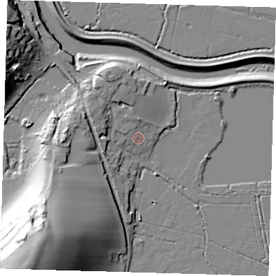 Shaded relief map of the ground around BN99AX, computed from Environment Agency LiDAR. The ground here sits at about 5 m above sea level and falls 51 m across the surrounding 800 m. Surface water reaching this point runs off ground lying to the north-north-west, 5.5 m higher.