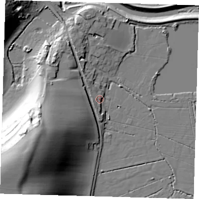 Shaded relief map of the ground around BN99AY, computed from Environment Agency LiDAR. The ground here sits at about 5 m above sea level and falls 58 m across the surrounding 800 m. Surface water reaching this point runs off ground lying to the west-south-west, 4.8 m higher.