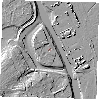 Shaded relief map of the ground around BN99BA, computed from Environment Agency LiDAR. The ground here sits at about 5 m above sea level and falls 36 m across the surrounding 800 m. Surface water reaching this point runs off ground lying to the south, 1.0 m higher.