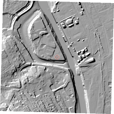 Shaded relief map of the ground around BN99BB, computed from Environment Agency LiDAR. The ground here sits at about 4 m above sea level and falls 42 m across the surrounding 800 m. Surface water reaching this point runs off ground lying to the north-west, 5.8 m higher.