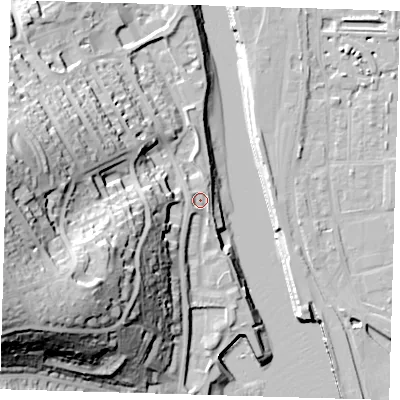 Shaded relief map of the ground around BN99BE, computed from Environment Agency LiDAR. The ground here sits at about 5 m above sea level and falls 48 m across the surrounding 800 m. Surface water reaching this point runs off ground lying to the west-south-west, 2.5 m higher.
