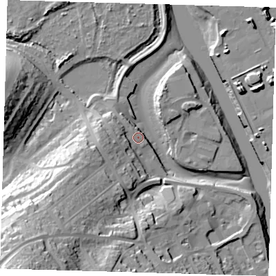 Shaded relief map of the ground around BN99BL, computed from Environment Agency LiDAR. The ground here sits at about 6 m above sea level and falls 50 m across the surrounding 800 m. Surface water reaching this point runs off ground lying to the west, 6.0 m higher.