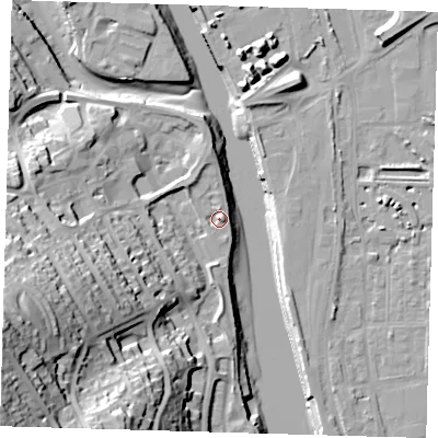 Shaded relief map of the ground around BN99BP, computed from Environment Agency LiDAR. The ground here sits at about 5 m above sea level and falls 49 m across the surrounding 800 m. Surface water reaching this point runs off ground lying to the south-west, 43.7 m higher.