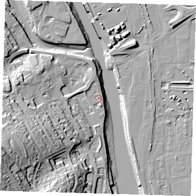 Shaded relief map of the ground around BN99BQ, computed from Environment Agency LiDAR. The ground here sits at about 4 m above sea level and falls 50 m across the surrounding 800 m. Surface water reaching this point runs off ground lying to the south-west, 43.9 m higher.