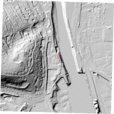 Shaded relief map of the ground around BN99BS, computed from Environment Agency LiDAR. The ground here sits at about 5 m above sea level and falls 45 m across the surrounding 800 m. Surface water reaching this point runs off ground lying to the north-west, 0.5 m higher.