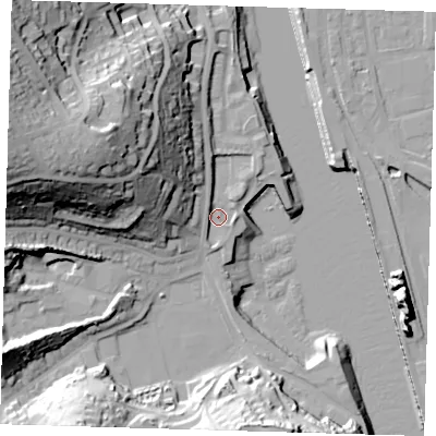 Shaded relief map of the ground around BN99BT, computed from Environment Agency LiDAR. The ground here sits at about 4 m above sea level and falls 48 m across the surrounding 800 m. Surface water reaching this point runs off ground lying to the north-west, 3.0 m higher.