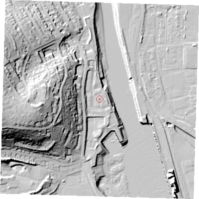 Shaded relief map of the ground around BN99BU, computed from Environment Agency LiDAR. The ground here sits at about 4 m above sea level and falls 46 m across the surrounding 800 m. Surface water reaching this point runs off ground lying to the west-south-west, 3.4 m higher.