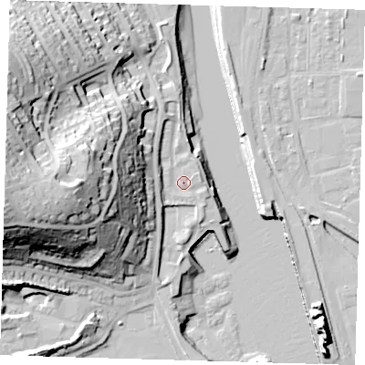 Shaded relief map of the ground around BN99BW, computed from Environment Agency LiDAR. The ground here sits at about 4 m above sea level and falls 46 m across the surrounding 800 m. Surface water reaching this point runs off ground lying to the west, 3.4 m higher.