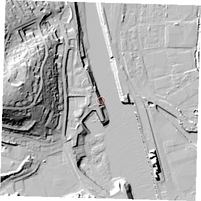 Shaded relief map of the ground around BN99BX, computed from Environment Agency LiDAR. The ground here sits at about 1 m above sea level and falls 43 m across the surrounding 800 m. Surface water reaching this point runs off ground lying to the south-east, 19.3 m higher.