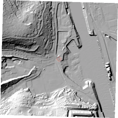 Shaded relief map of the ground around BN99DA, computed from Environment Agency LiDAR. The ground here sits at about 4 m above sea level and falls 48 m across the surrounding 800 m. Surface water reaching this point runs off ground lying to the west-north-west, 42.2 m higher.