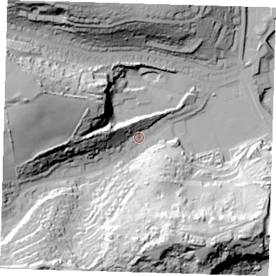 Shaded relief map of the ground around BN99DH, computed from Environment Agency LiDAR. The ground here sits at about 6 m above sea level and falls 59 m across the surrounding 800 m. Surface water reaching this point runs off ground lying to the west-north-west, 49.0 m higher.