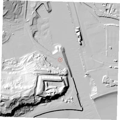 Shaded relief map of the ground around BN99DL, computed from Environment Agency LiDAR. The ground here sits at about 5 m above sea level and falls 60 m across the surrounding 800 m. Surface water reaching this point runs off ground lying to the south-west, 21.0 m higher.
