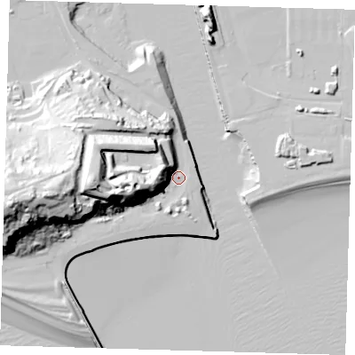 Shaded relief map of the ground around BN99DN, computed from Environment Agency LiDAR. The ground here sits at about 6 m above sea level and falls 57 m across the surrounding 800 m. Surface water reaching this point runs off ground lying to the west-south-west, 31.5 m higher.