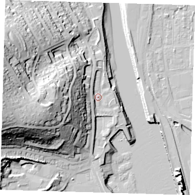 Shaded relief map of the ground around BN99DQ, computed from Environment Agency LiDAR. The ground here sits at about 5 m above sea level and falls 49 m across the surrounding 800 m. Surface water reaching this point runs off ground lying to the south-west, 3.6 m higher.