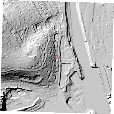 Shaded relief map of the ground around BN99EJ, computed from Environment Agency LiDAR. The ground here sits at about 9 m above sea level and falls 53 m across the surrounding 800 m. Surface water reaching this point runs off ground lying to the west, 30.9 m higher.