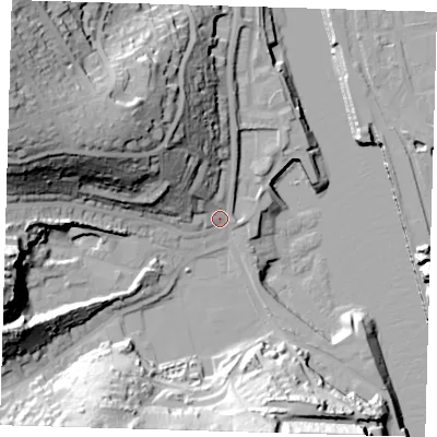 Shaded relief map of the ground around BN99EL, computed from Environment Agency LiDAR. The ground here sits at about 5 m above sea level and falls 53 m across the surrounding 800 m. Surface water reaching this point runs off ground lying to the north-west, 35.9 m higher.