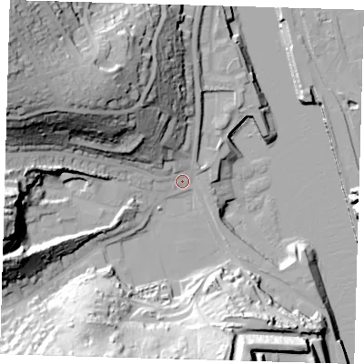 Shaded relief map of the ground around BN99EN, computed from Environment Agency LiDAR. The ground here sits at about 4 m above sea level and falls 53 m across the surrounding 800 m. Surface water reaching this point runs off ground lying to the west-north-west, 46.6 m higher.