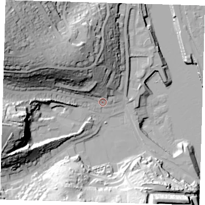 Shaded relief map of the ground around BN99EW, computed from Environment Agency LiDAR. The ground here sits at about 6 m above sea level and falls 59 m across the surrounding 800 m. Surface water reaching this point runs off ground lying to the north-north-west, 27.1 m higher.