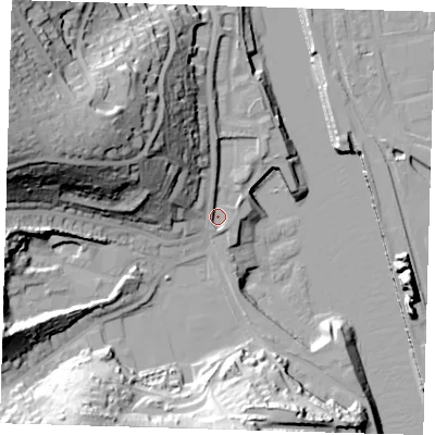 Shaded relief map of the ground around BN99GB, computed from Environment Agency LiDAR. The ground here sits at about 4 m above sea level and falls 49 m across the surrounding 800 m. Surface water reaching this point runs off ground lying to the west-north-west, 35.0 m higher.