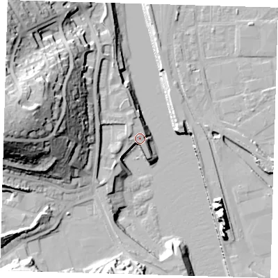 Shaded relief map of the ground around BN99GG, computed from Environment Agency LiDAR. The ground here sits at about 4 m above sea level and falls 43 m across the surrounding 800 m. Surface water reaching this point runs off ground lying to the west-north-west, 6.0 m higher.