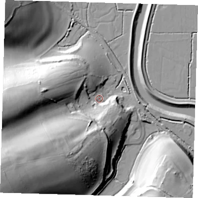 Shaded relief map of the ground around BN99PL, computed from Environment Agency LiDAR. The ground here sits at about 8 m above sea level and falls 57 m across the surrounding 800 m. Surface water reaching this point runs off ground lying to the south-west, 49.3 m higher.
