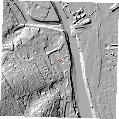 Shaded relief map of the ground around BN99PW, computed from Environment Agency LiDAR. The ground here sits at about 4 m above sea level and falls 55 m across the surrounding 800 m. Surface water reaching this point runs off ground lying to the south-west, 48.9 m higher.