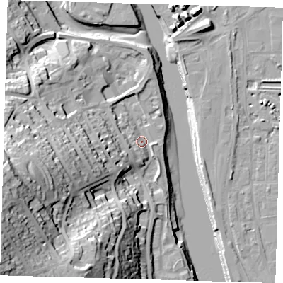 Shaded relief map of the ground around BN99QD, computed from Environment Agency LiDAR. The ground here sits at about 4 m above sea level and falls 54 m across the surrounding 800 m. Surface water reaching this point runs off ground lying to the west-south-west, 47.5 m higher.