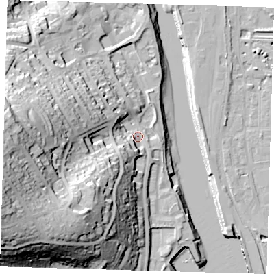 Shaded relief map of the ground around BN99QE, computed from Environment Agency LiDAR. The ground here sits at about 6 m above sea level and falls 54 m across the surrounding 800 m. Surface water reaching this point runs off ground lying to the south-west, 32.5 m higher.
