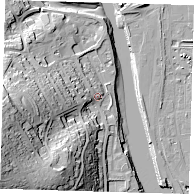 Shaded relief map of the ground around BN99QH, computed from Environment Agency LiDAR. The ground here sits at about 7 m above sea level and falls 55 m across the surrounding 800 m. Surface water reaching this point runs off ground lying to the west-south-west, 48.6 m higher.