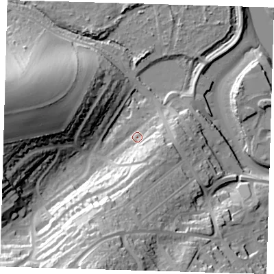Shaded relief map of the ground around BN99SS, computed from Environment Agency LiDAR. The ground here sits at about 5 m above sea level and falls 52 m across the surrounding 800 m. Surface water reaching this point runs off ground lying to the south, 20.6 m higher.