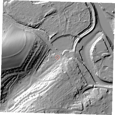 Shaded relief map of the ground around BN99ST, computed from Environment Agency LiDAR. The ground here sits at about 4 m above sea level and falls 44 m across the surrounding 800 m. Surface water reaching this point runs off ground lying to the south-south-west, 28.5 m higher.