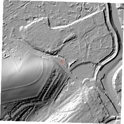 Shaded relief map of the ground around BN99SU, computed from Environment Agency LiDAR. The ground here sits at about 4 m above sea level and falls 54 m across the surrounding 800 m. Surface water reaching this point runs off ground lying to the west-south-west, 49.9 m higher.