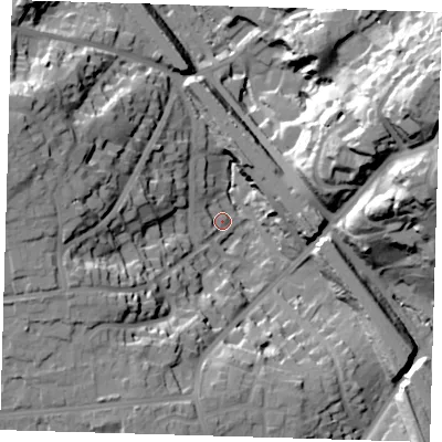 Shaded relief map of the ground around BR12AP, computed from Environment Agency LiDAR. The ground here sits at about 58 m above sea level and falls 45 m across the surrounding 800 m. Surface water reaching this point runs off ground lying to the east-north-east, 42.1 m higher.