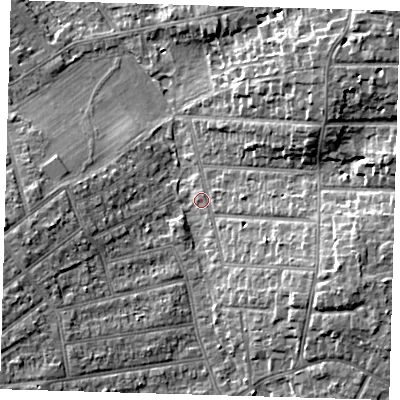 Shaded relief map of the ground around BR12ET, computed from Environment Agency LiDAR. The ground here sits at about 58 m above sea level and falls 15 m across the surrounding 800 m. Surface water reaching this point runs off ground lying to the south-west, 8.6 m higher.